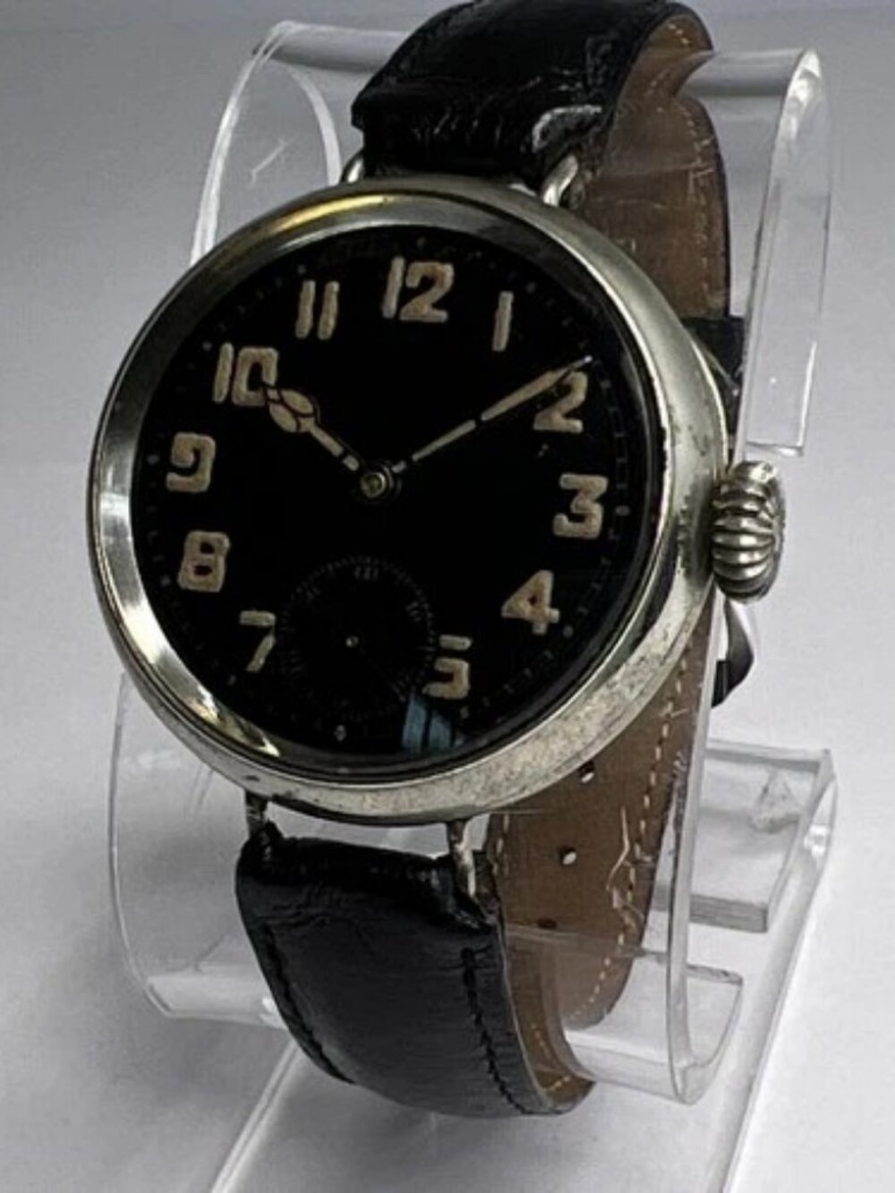 Vintage 38mm Pocket Converted Wrist Watch Black Dial Manual Wind Leather Strap